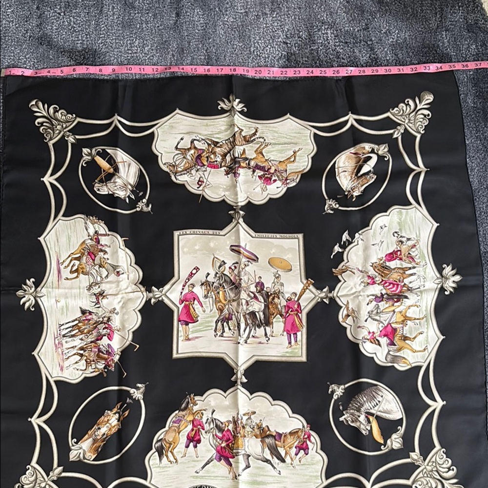 Hermes Equestrian Themed Black Silk Scarf